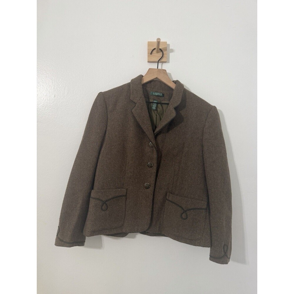 Lauren Ralph Lauren Brown Wool Blazer Equestrian Preppy Old Money Piped Jacket